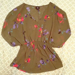 Green Floral Cinched Waist Shirt